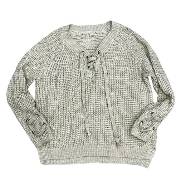 It’s Our Time Oatmeal Waffle Knit Lace Up Sweater L - Picture 1 of 3